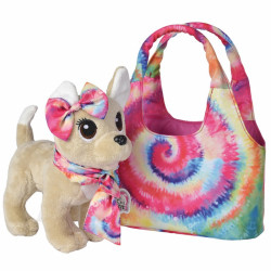 Žaislinis šuniukas su spalvingu krepšeliu