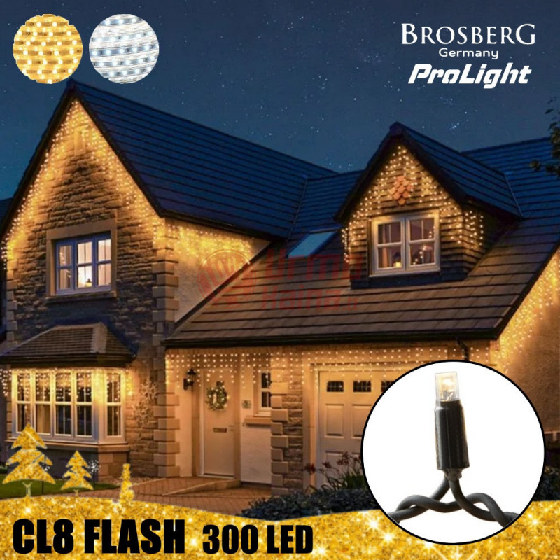 300 LED profesionali lauko girlianda varvekliai Brosberg Prolight CL8 Flash, juodas laidas