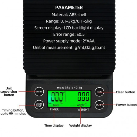 Graminės svarstyklės kavai su laikmačiu MS-K07 3000-0,1g