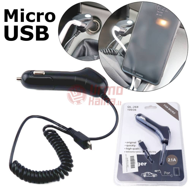 Automobilinis įkroviklis Micro USB / USB 2.1A jungtimis