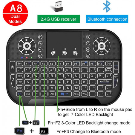 Belaidė mini klaviatūra su pašvietimu BT+2.4G Dual