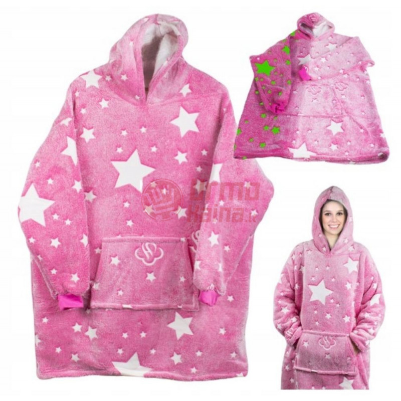 Oversize XXL minkštas džemperis - pledas su žvaigždėmis, rožinis 2in1