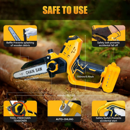 Akumuliatorinis grandininis genėjimo pjūklas UBERTOOL UB707 600 W, 2 akumuliatoriai, 8"+6", LCD