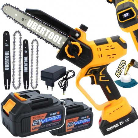 Akumuliatorinis grandininis genėjimo pjūklas UBERTOOL UB707 600 W, 2 akumuliatoriai, 8"+6", LCD