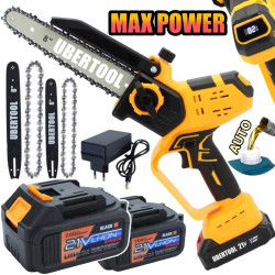 Akumuliatorinis grandininis genėjimo pjūklas UBERTOOL UB707 600 W, 2 akumuliatoriai, 8"+6", LCD