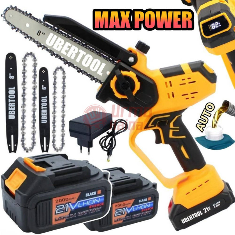 Akumuliatorinis grandininis genėjimo pjūklas UBERTOOL UB707 600 W, 2 akumuliatoriai, 8"+6", LCD