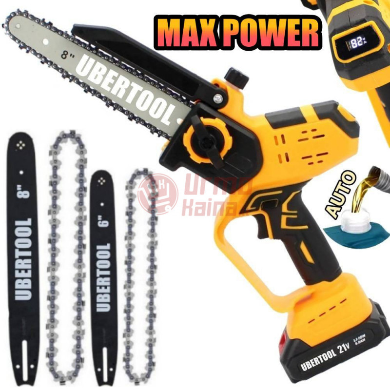 Akumuliatorinis grandininis genėjimo pjūklas UBERTOOL UB707E 600 W, 8"+6", LCD