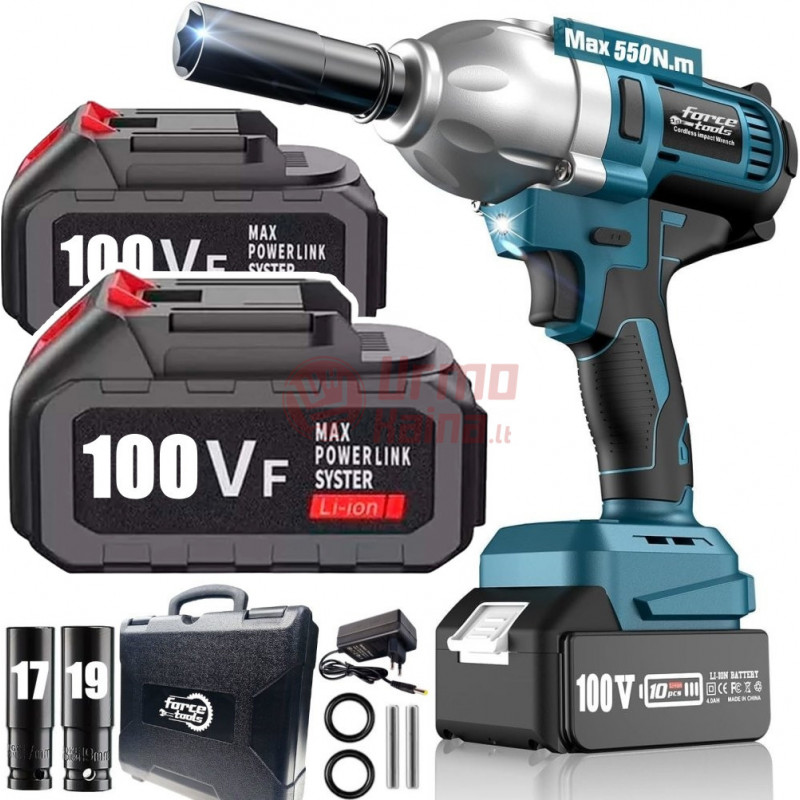 Akumuliatorinis smūginis veržliasukis FORCE TOOLS RK4058 + kroviklis, 2 akumuliatoriai ir 2 galvutės