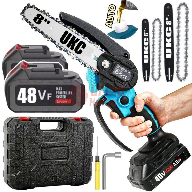 Akumuliatorinis grandininis genėjimo pjūklas UKC9 + 2 akumuliatoriai, 6 ir 8", 500W