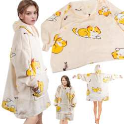 Oversize XXL minkštas džemperis - pledas su katinais, geltonas 2in1