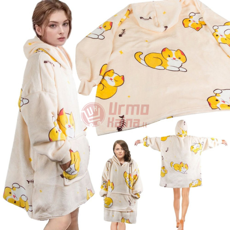 Oversize XXL minkštas džemperis - pledas su katinais, geltonas 2in1 Oversize XXL minkštas džemperis - pledas su katinais, geltonas 2in1
