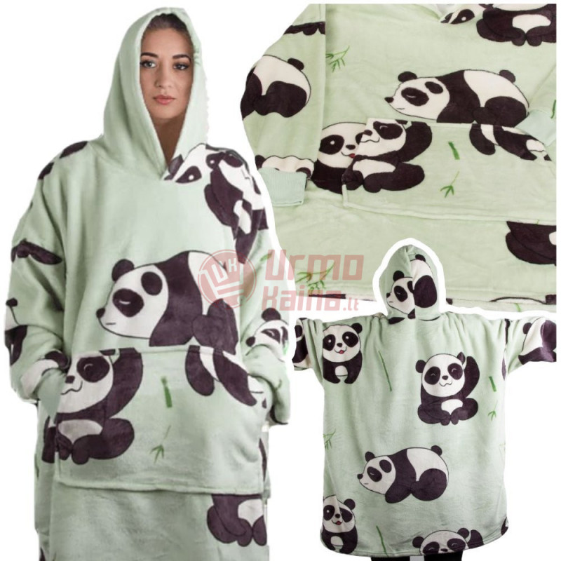 Oversize XXL minkštas džemperis - pledas su pandomis, žalias 2in1 Oversize XXL minkštas džemperis - pledas su pandomis, žalias 2in1