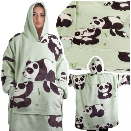 Oversize XXL minkštas džemperis - pledas su pandomis, žalias 2in1