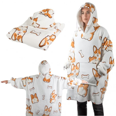 Oversize XXL minkštas džemperis - pledas su šunimis, baltas 2in1