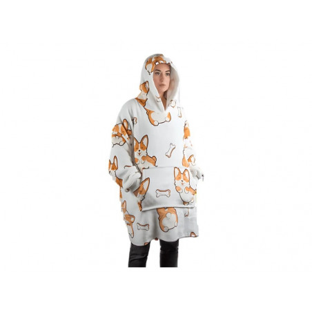 Oversize XXL minkštas džemperis - pledas su šunimis, baltas 2in1