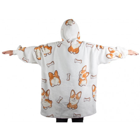 Oversize XXL minkštas džemperis - pledas su šunimis, baltas 2in1