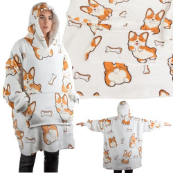 Oversize XXL minkštas džemperis - pledas su šunimis, baltas 2in1