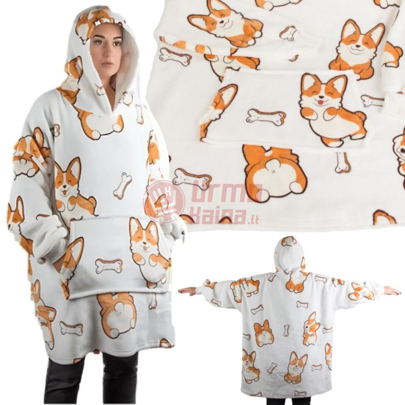 Oversize XXL minkštas džemperis - pledas su šunimis, baltas 2in1 Oversize XXL minkštas džemperis - pledas su šunimis, baltas 2in1