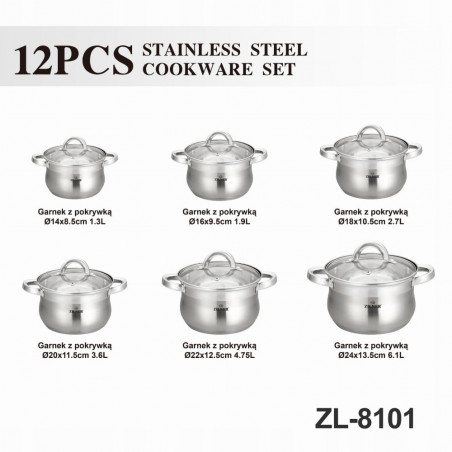 Nerūdijančio plieno 12 dalių puodų rinkinys ZL-8101 Nerūdijančio plieno 12 dalių puodų rinkinys ZL-8101