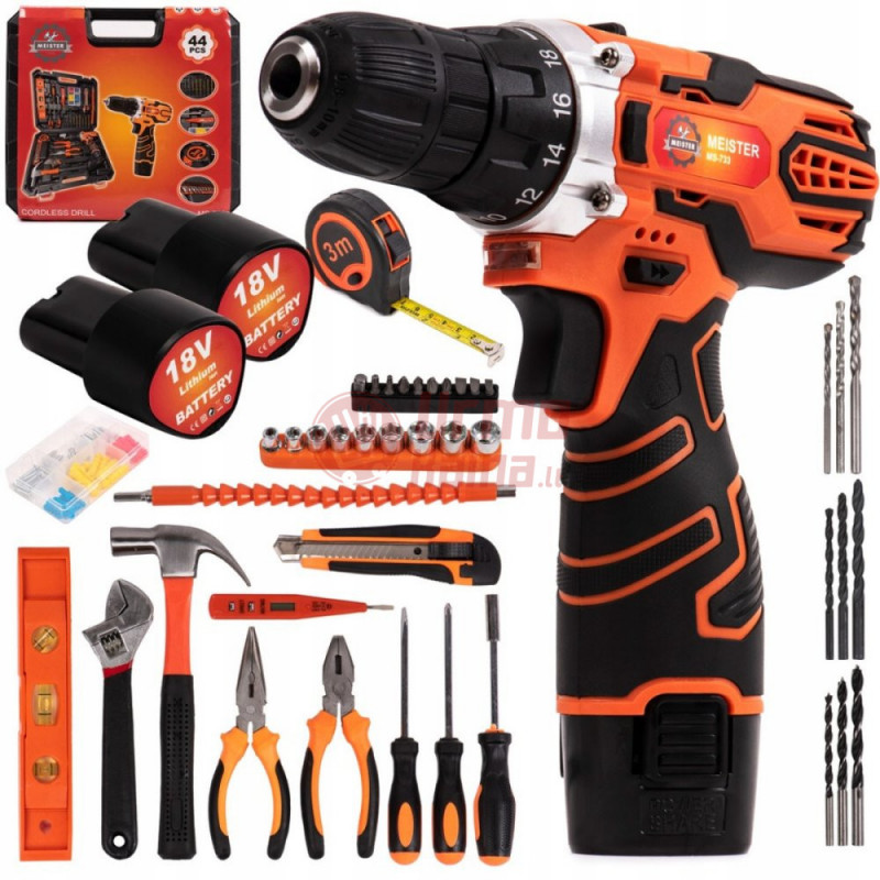 Akumuliatorinis suktuvas-gręžtuvas su įrankių rinkiniu 44 dalys MS733