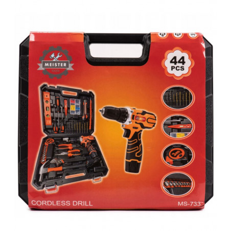 Akumuliatorinis suktuvas-gręžtuvas su įrankių rinkiniu 44 dalys MS733 Akumuliatorinis suktuvas-gręžtuvas su įrankių rinkiniu 44 dalys MS733