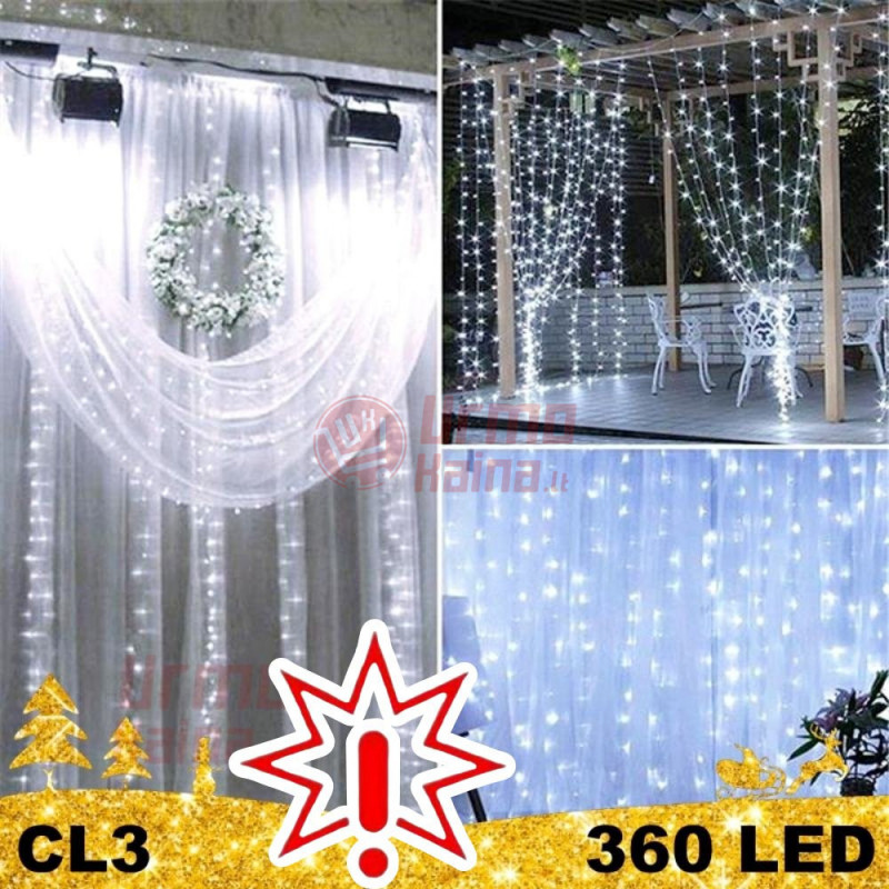 360 LED 3x3 girlianda Užuolaida – Krioklys STANDART CL3, šaltai baltos spalvos (Prekė su defektu 9902868)
