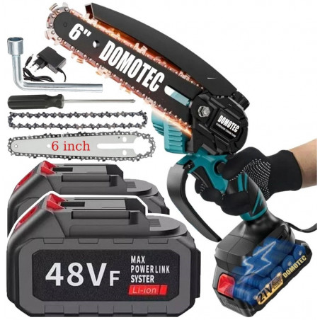 Akumuliatorinis grandininis genėjimo pjūklas DOMOTEC DM03 + kroviklis ir 2 akumuliatoriai, 6", 500 W