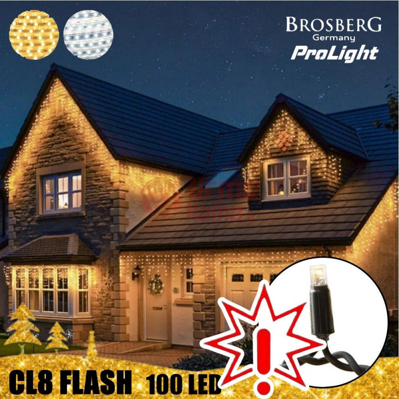 100 LED lauko girlianda varvekliai Brosberg Prolight CL8 Flash, juodas laidas, šiltai balta (Prekė su defektu 9902980)