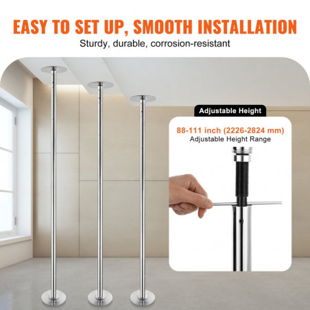 Reguliuojamas Pole dance stulpas VEVOR 282 cm, sidabrinis