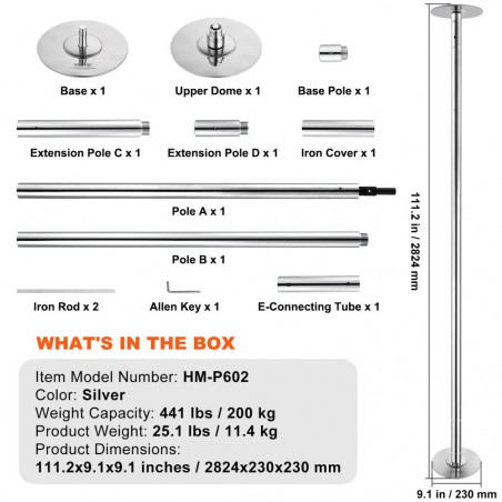 Reguliuojamas Pole dance stulpas VEVOR 282 cm, sidabrinis