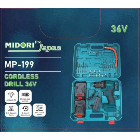 Akumuliatorinis suktuvas-gręžtuvas, 2 akumuliatoriai su krovikliu + priedai MIDORI Japan MP-199