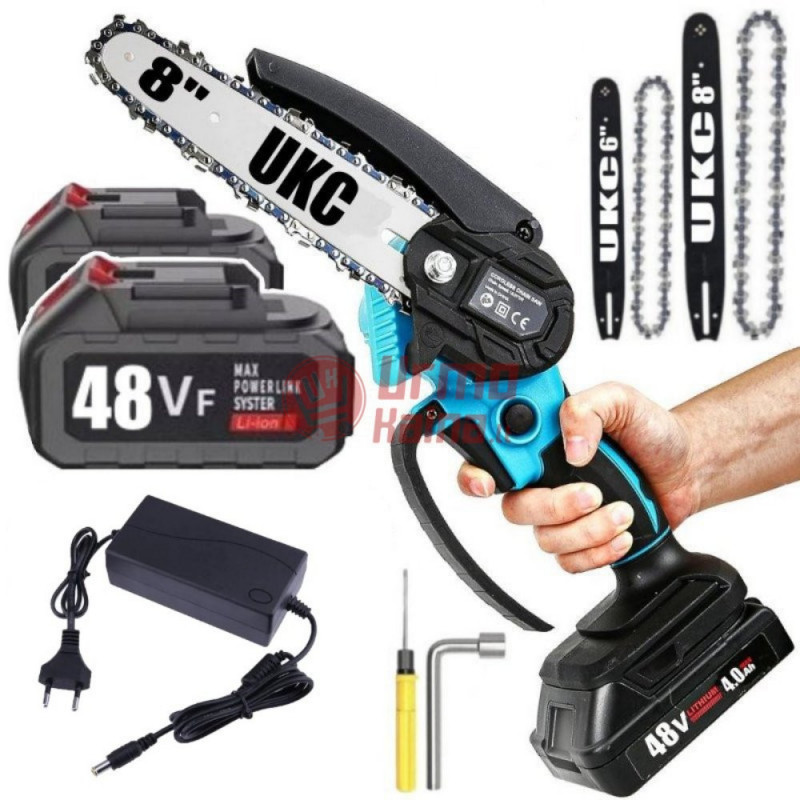 Akumuliatorinis grandininis genėjimo pjūklas UKC9 + 2 akumuliatoriai, 6 ir 8", 500W
