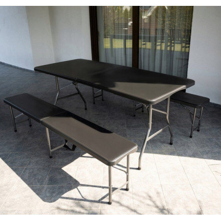 Sulankstomas sodo stalas 180 cm + 2 suolai, juodas GA01