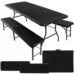 Sulankstomas sodo stalas 180 cm + 2 suolai, juodas GA01