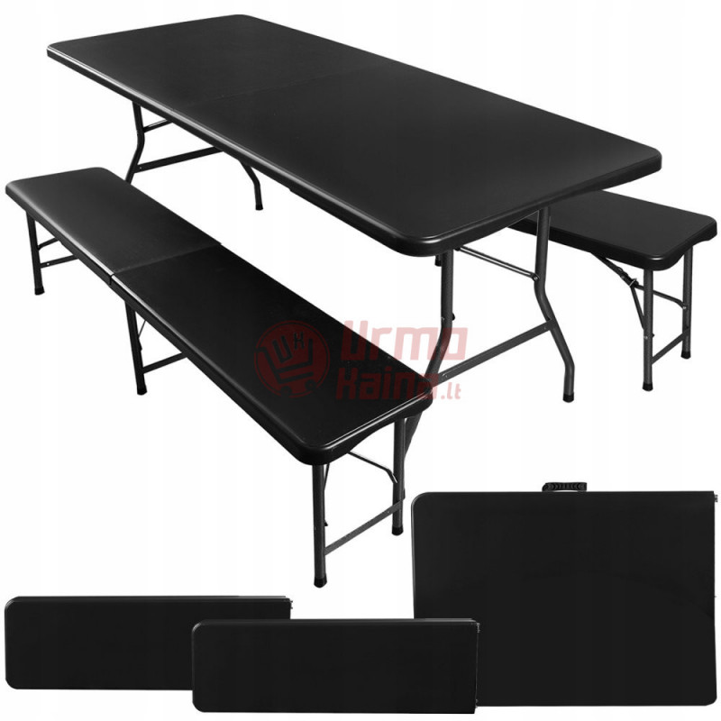 Sulankstomas sodo stalas 180 cm + 2 suolai, juodas GA01