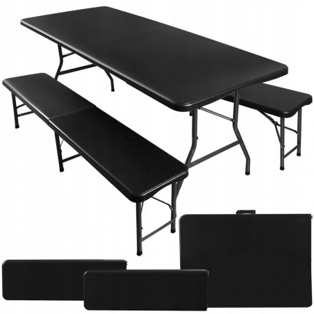 Sulankstomas sodo stalas 180 cm + 2 suolai, juodas GA01